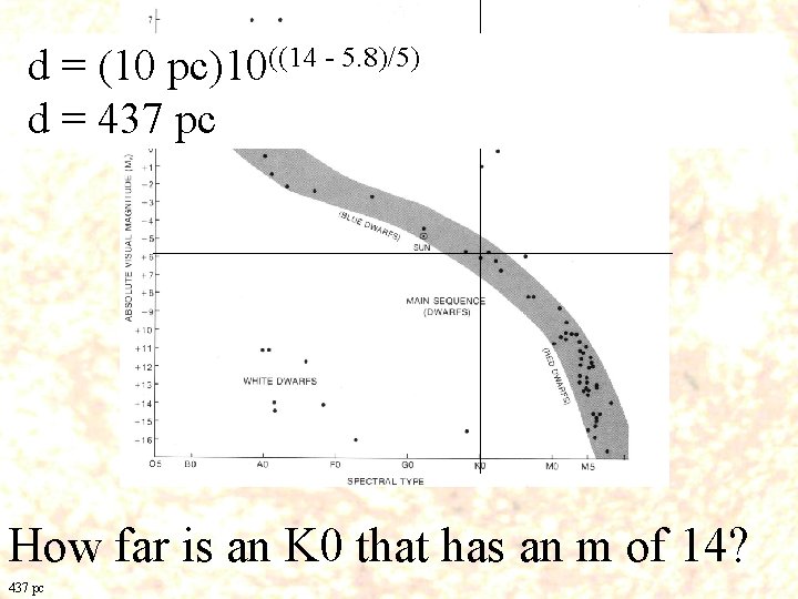 d = (10 pc)10((14 - 5. 8)/5) d = 437 pc How far is