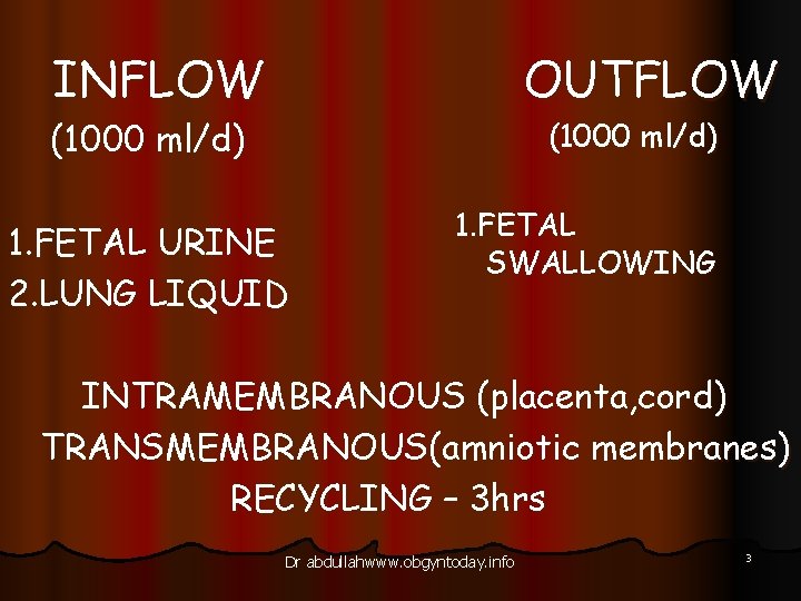 INFLOW OUTFLOW (1000 ml/d) 1. FETAL URINE 2. LUNG LIQUID 1. FETAL SWALLOWING INTRAMEMBRANOUS