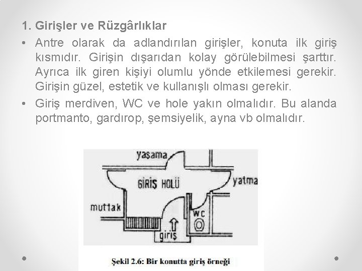 1. Girişler ve Rüzgârlıklar • Antre olarak da adlandırılan girişler, konuta ilk giriş kısmıdır.