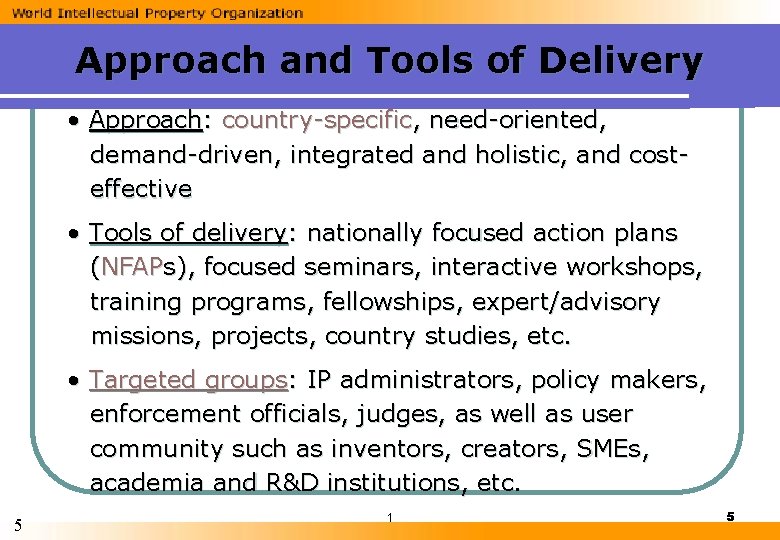 Approach and Tools of Delivery • Approach: country-specific, need-oriented, demand-driven, integrated and holistic, and