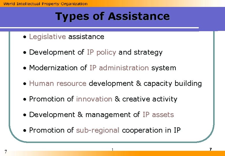 Types of Assistance • Legislative assistance • Development of IP policy and strategy •