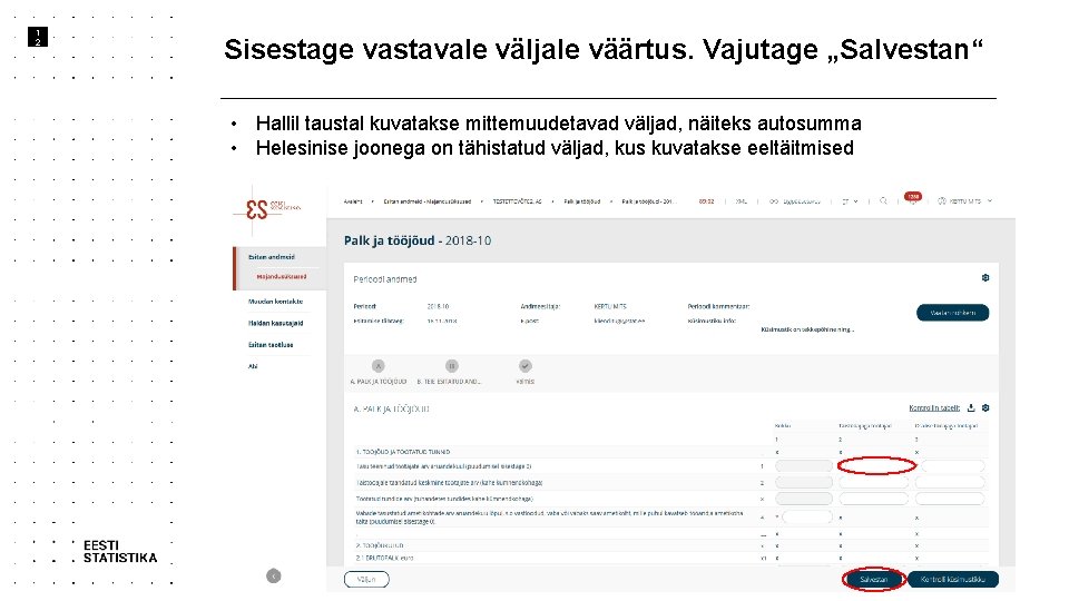 1 2 Sisestage vastavale väljale väärtus. Vajutage „Salvestan“ • Hallil taustal kuvatakse mittemuudetavad väljad,