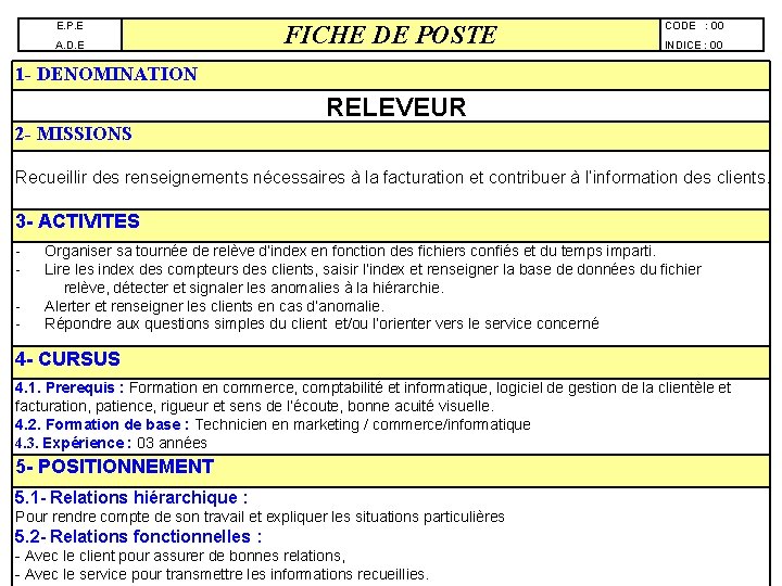 E. P. E A. D. E FICHE DE POSTE CODE : 00 INDICE :