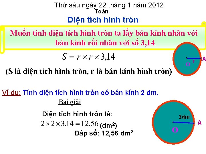 Thứ sáu ngày 22 tháng 1 năm 2012 Toán Diện tích hình tròn Muốn