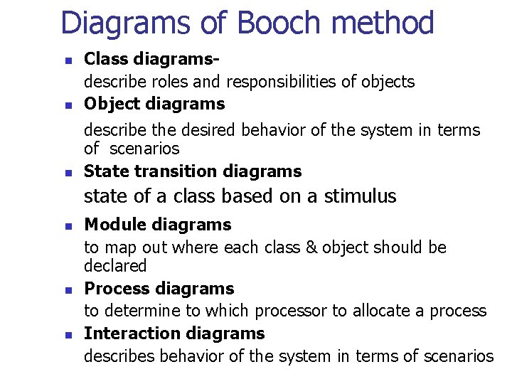 Diagrams of Booch method n Class diagramsdescribe roles and responsibilities of objects Object diagrams