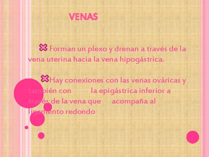 VENAS Forman un plexo y drenan a través de la vena uterina hacia la