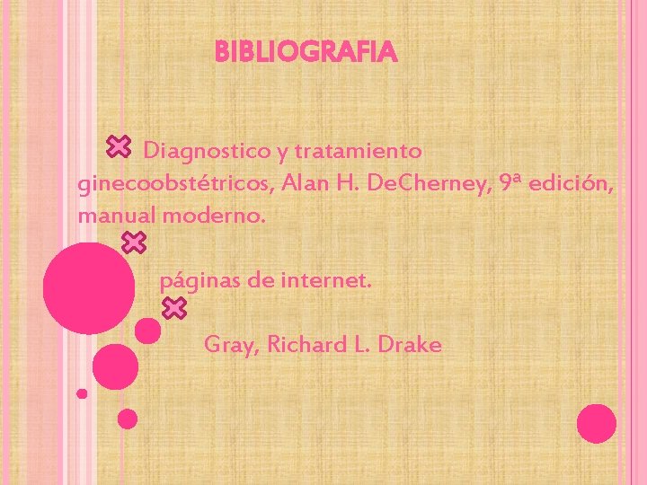 BIBLIOGRAFIA Diagnostico y tratamiento ginecoobstétricos, Alan H. De. Cherney, 9ª edición, manual moderno. páginas