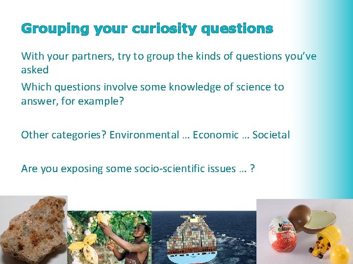 Grouping your curiosity questions With your partners, try to group the kinds of questions