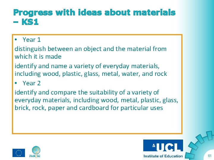 Progress with ideas about materials – KS 1 • Year 1 distinguish between an