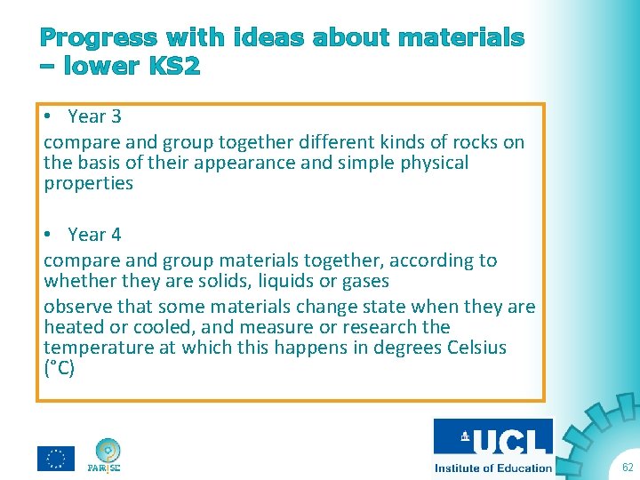 Progress with ideas about materials – lower KS 2 • Year 3 compare and