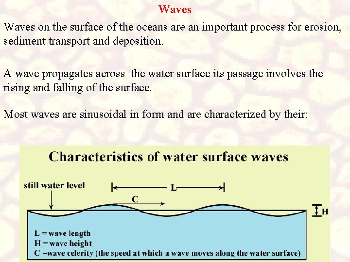 Waves on the surface of the oceans are an important process for erosion, sediment