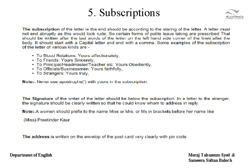 5. Subscriptions Department of English Meraj Tabassum Syed & Sameera Sultan Baloch 