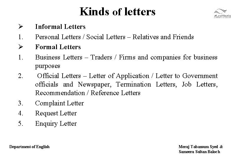 Kinds of letters Ø 1. 2. 3. 4. 5. Informal Letters Personal Letters /