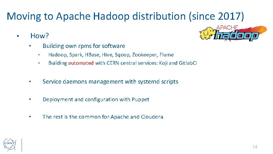 Moving to Apache Hadoop distribution (since 2017) • How? Building own rpms for software