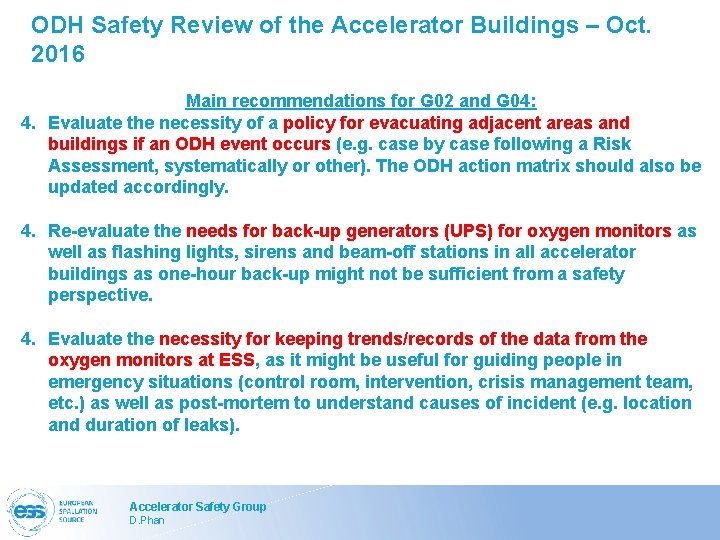 ODH Safety Review of the Accelerator Buildings – Oct. 2016 Main recommendations for G