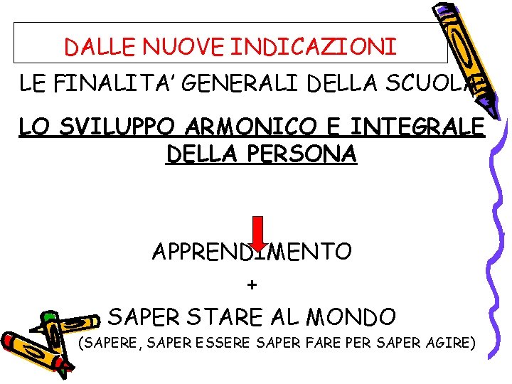 DALLE NUOVE INDICAZIONI LE FINALITA’ GENERALI DELLA SCUOLA: LO SVILUPPO ARMONICO E INTEGRALE DELLA