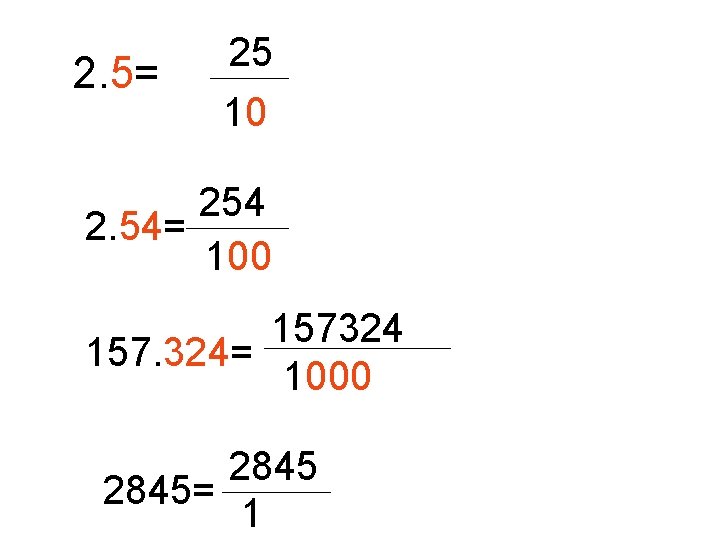 2. 5= 25 10 254 2. 54= 100 157324 157. 324= 1000 2845= 1 2. 5= 25 10 254 2. 54= 100 157324 157. 324= 1000 2845= 1