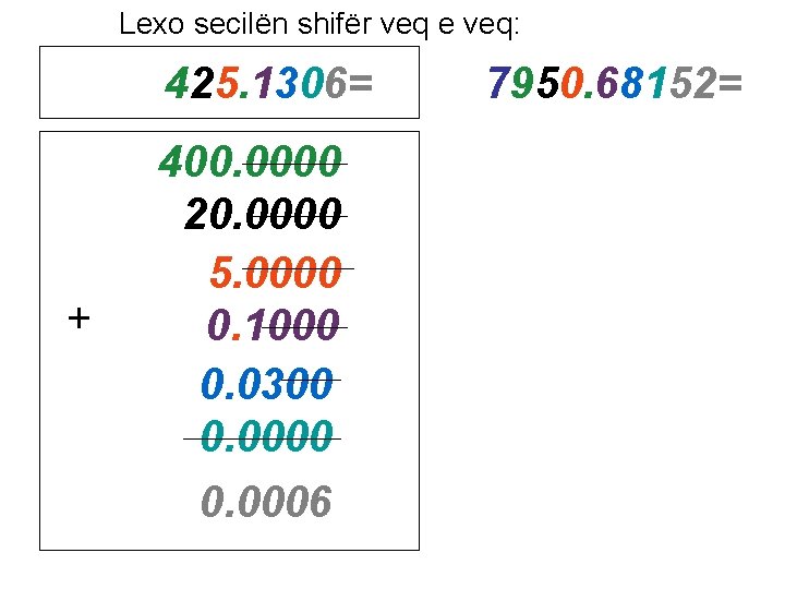 Lexo secilën shifër veq e veq: 425. 1306= + 400. 0000 20. 0000 5. Lexo secilën shifër veq e veq: 425. 1306= + 400. 0000 20. 0000 5.