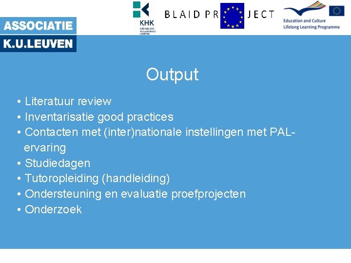 Output • Literatuur review • Inventarisatie good practices • Contacten met (inter)nationale instellingen met