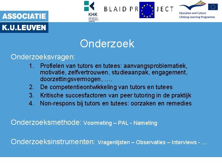 Onderzoeksvragen: 1. Profielen van tutors en tutees: aanvangsproblematiek, motivatie, zelfvertrouwen, studieaanpak, engagement, doorzettingsvermogen, ….