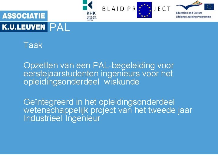 PAL Taak Opzetten van een PAL-begeleiding voor eerstejaarstudenten ingenieurs voor het opleidingsonderdeel wiskunde Geïntegreerd