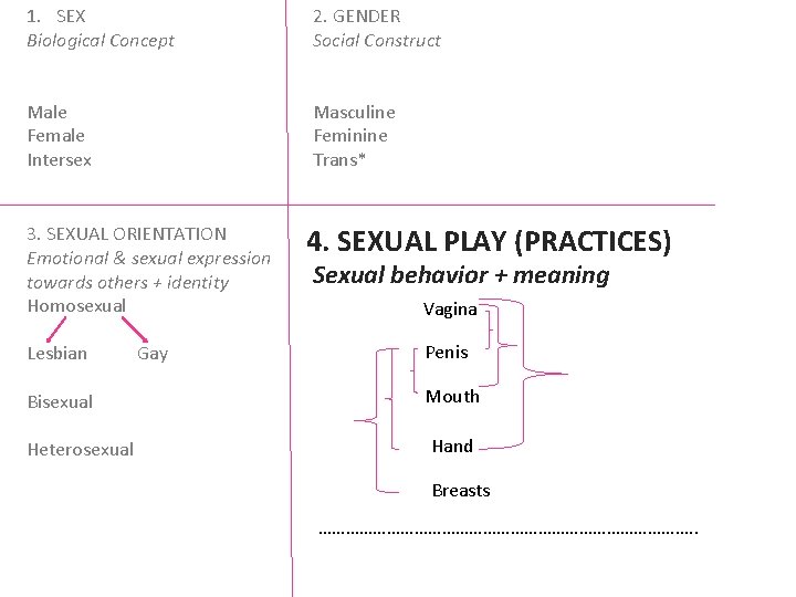 1. SEX Biological Concept 2. GENDER Social Construct Male Female Intersex Masculine Feminine Trans*