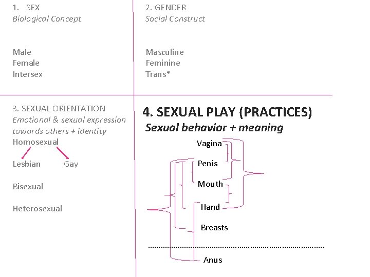 1. SEX Biological Concept 2. GENDER Social Construct Male Female Intersex Masculine Feminine Trans*