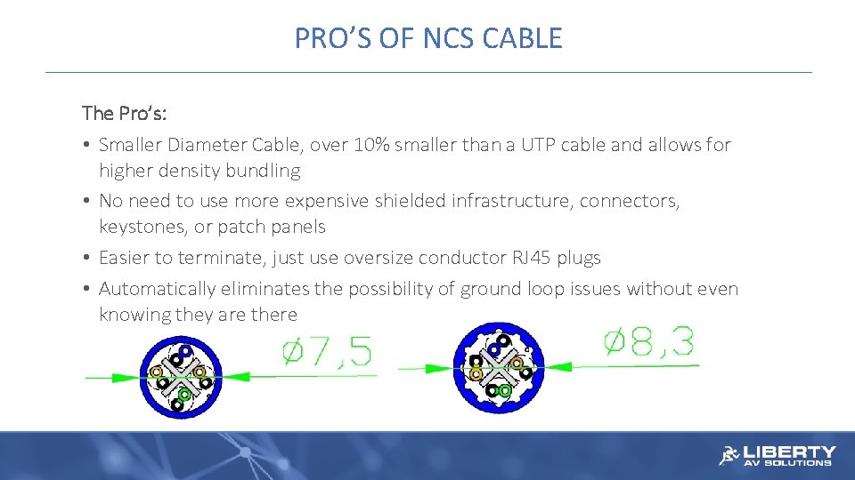 PRO’S OF NCS CABLE The Pro’s: • Smaller Diameter Cable, over 10% smaller than