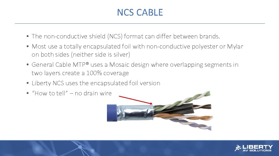NCS CABLE • The non-conductive shield (NCS) format can differ between brands. • Most