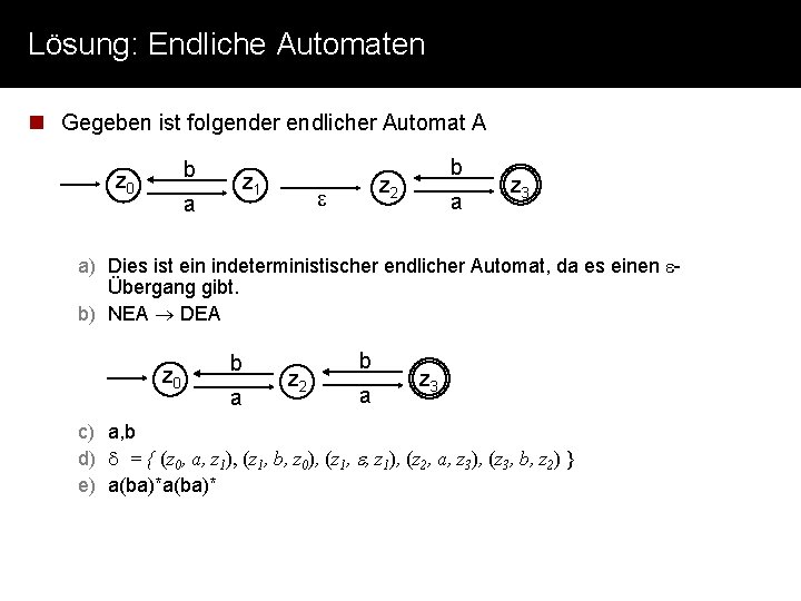 Lösung: Endliche Automaten n Gegeben ist folgender endlicher Automat A b z 0 a