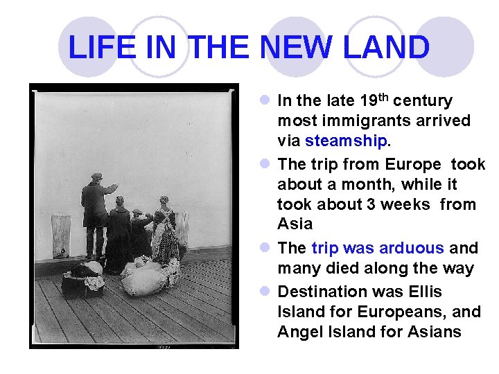 LIFE IN THE NEW LAND l In the late 19 th century most immigrants