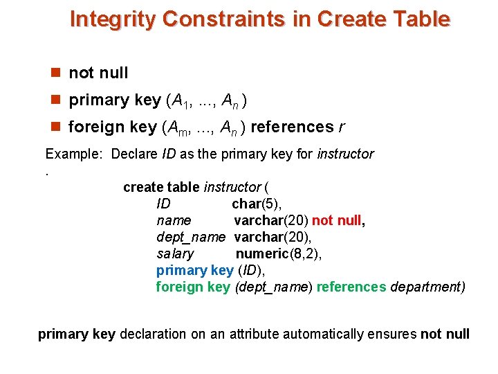 Integrity Constraints in Create Table n not null n primary key (A 1, . Integrity Constraints in Create Table n not null n primary key (A 1, .