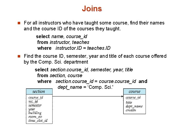 Joins n For all instructors who have taught some course, find their names and Joins n For all instructors who have taught some course, find their names and