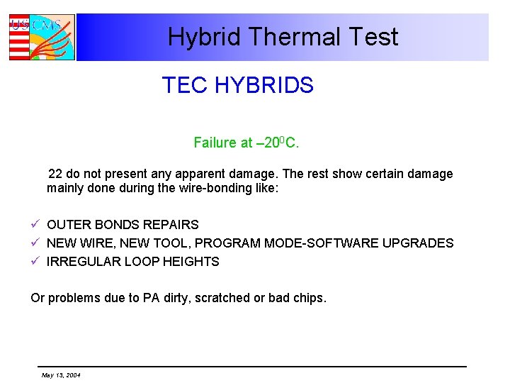 Hybrid Thermal Test TEC HYBRIDS Failure at – 200 C. 22 do not present