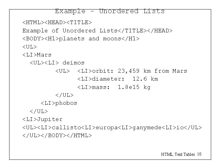 Example - Unordered Lists <HTML><HEAD><TITLE> Example of Unordered Lists</TITLE></HEAD> <BODY><H 1>planets and moons</H 1> Example - Unordered Lists <HTML><HEAD><TITLE> Example of Unordered Lists</TITLE></HEAD> <BODY><H 1>planets and moons</H 1>