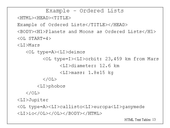 Example - Ordered Lists <HTML><HEAD><TITLE> Example of Ordered Lists</TITLE></HEAD> <BODY><H 1>Planets and Moons as Example - Ordered Lists <HTML><HEAD><TITLE> Example of Ordered Lists</TITLE></HEAD> <BODY><H 1>Planets and Moons as