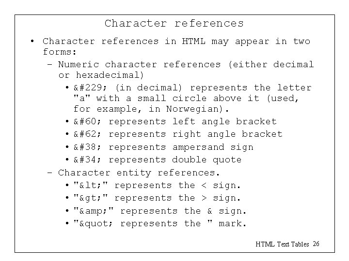 Character references • Character references in HTML may appear in two forms: – Numeric Character references • Character references in HTML may appear in two forms: – Numeric