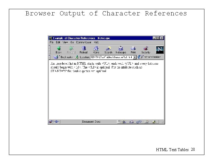 Browser Output of Character References HTML Text Tables 28 Browser Output of Character References HTML Text Tables 28