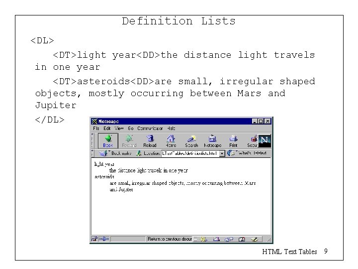 Definition Lists <DL> <DT>light year<DD>the distance light travels in one year <DT>asteroids<DD>are small, irregular Definition Lists <DL> <DT>light year<DD>the distance light travels in one year <DT>asteroids<DD>are small, irregular