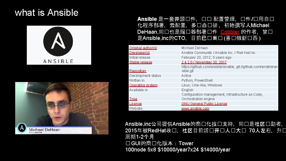 what is Ansible 是一套开源�件，�� 配置管理，�件 /�用自� 化程序部署，云配置，多�点�排 ，初始撰写人Michael De. Haan, 同�也是服�器部署�件 Cobbler 的作者，曾� 是Ansible,