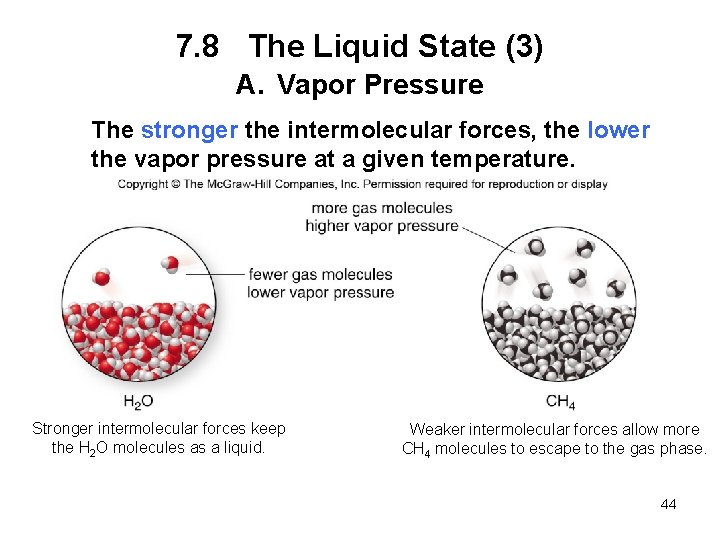 7. 8 The Liquid State (3) A. Vapor Pressure The stronger the intermolecular forces,