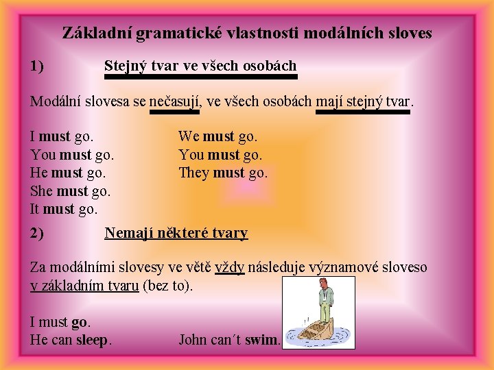 Základní gramatické vlastnosti modálních sloves 1) Stejný tvar ve všech osobách Modální slovesa se