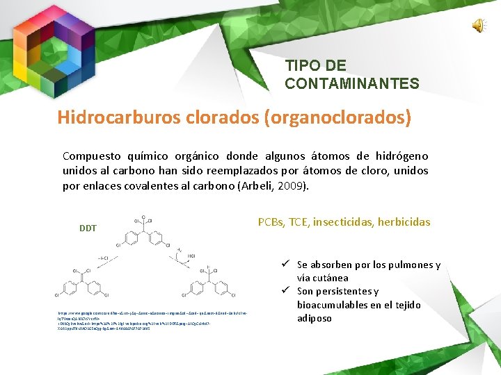 TIPO DE CONTAMINANTES Hidrocarburos clorados (organoclorados) Compuesto químico orgánico donde algunos átomos de hidrógeno