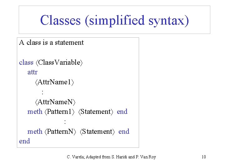 Classes (simplified syntax) A class is a statement class Class. Variable attr Attr. Name
