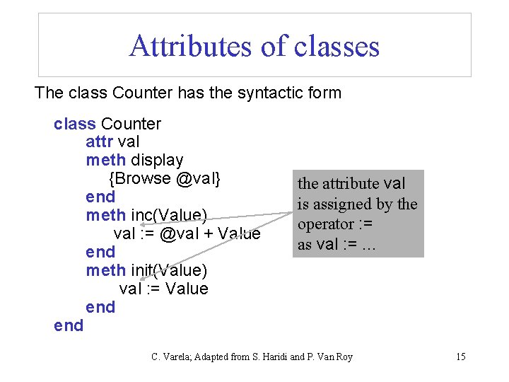 Attributes of classes The class Counter has the syntactic form class Counter attr val