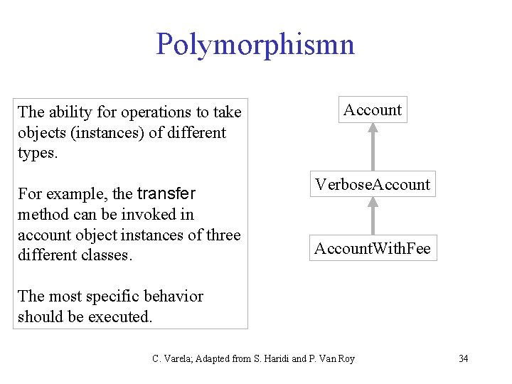 Polymorphismn The ability for operations to take objects (instances) of different types. For example,