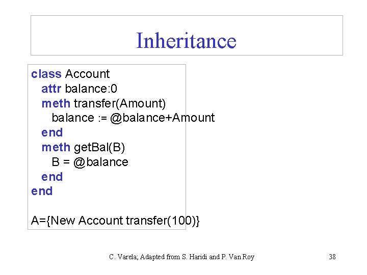 Inheritance class Account attr balance: 0 meth transfer(Amount) balance : = @balance+Amount end meth