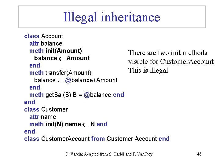 Illegal inheritance class Account attr balance meth init(Amount) There are two init methods balance