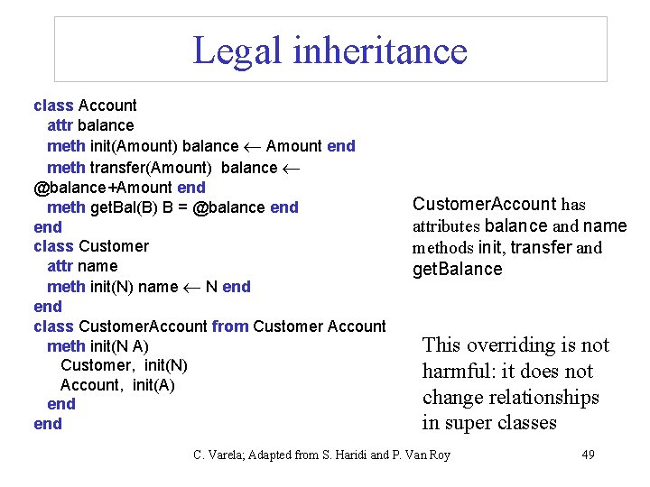 Legal inheritance class Account attr balance meth init(Amount) balance Amount end meth transfer(Amount) balance