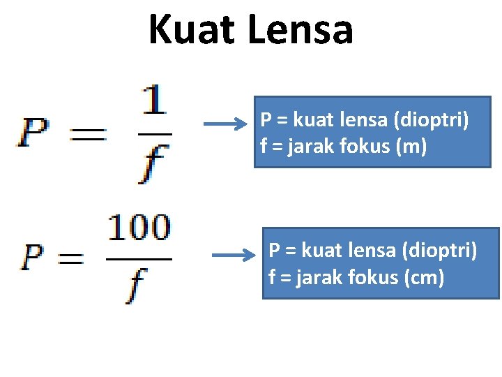 Kuat Lensa P = kuat lensa (dioptri) f = jarak fokus (m) P =